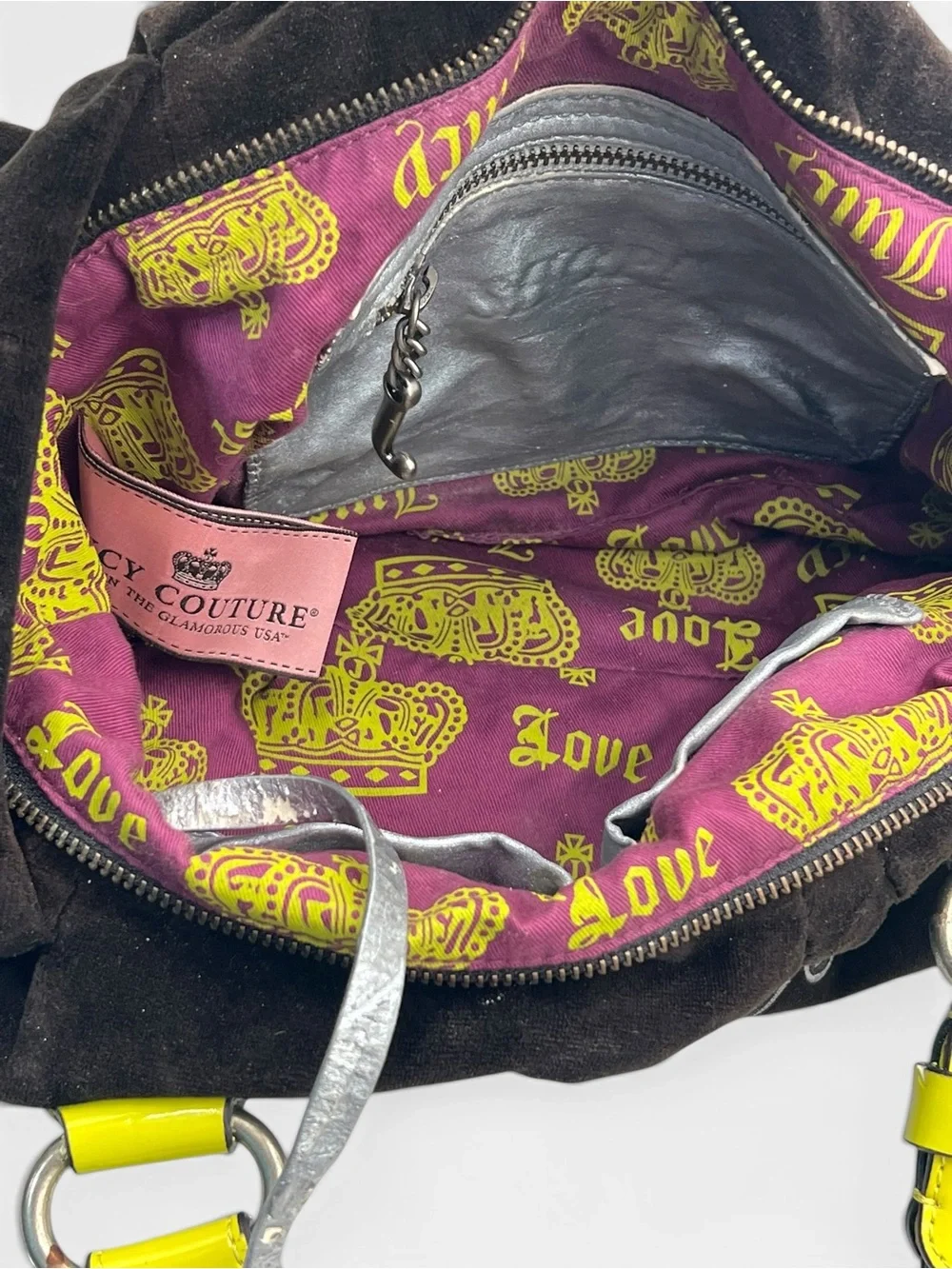 Vintage Y2K Juicy Couture Black Velour Hobo Bag Neon Yellow Scottie Crown Logo